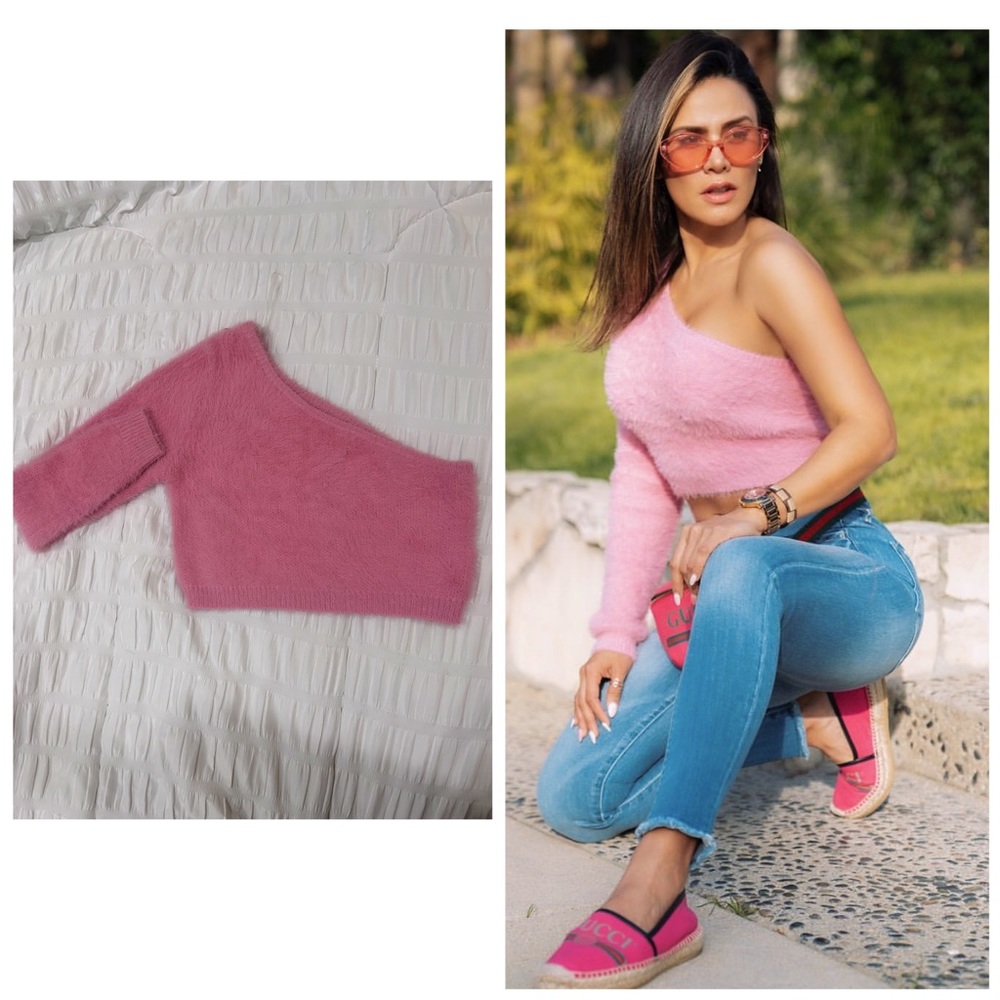 USED pink fur crop top worn by Andrea espada
